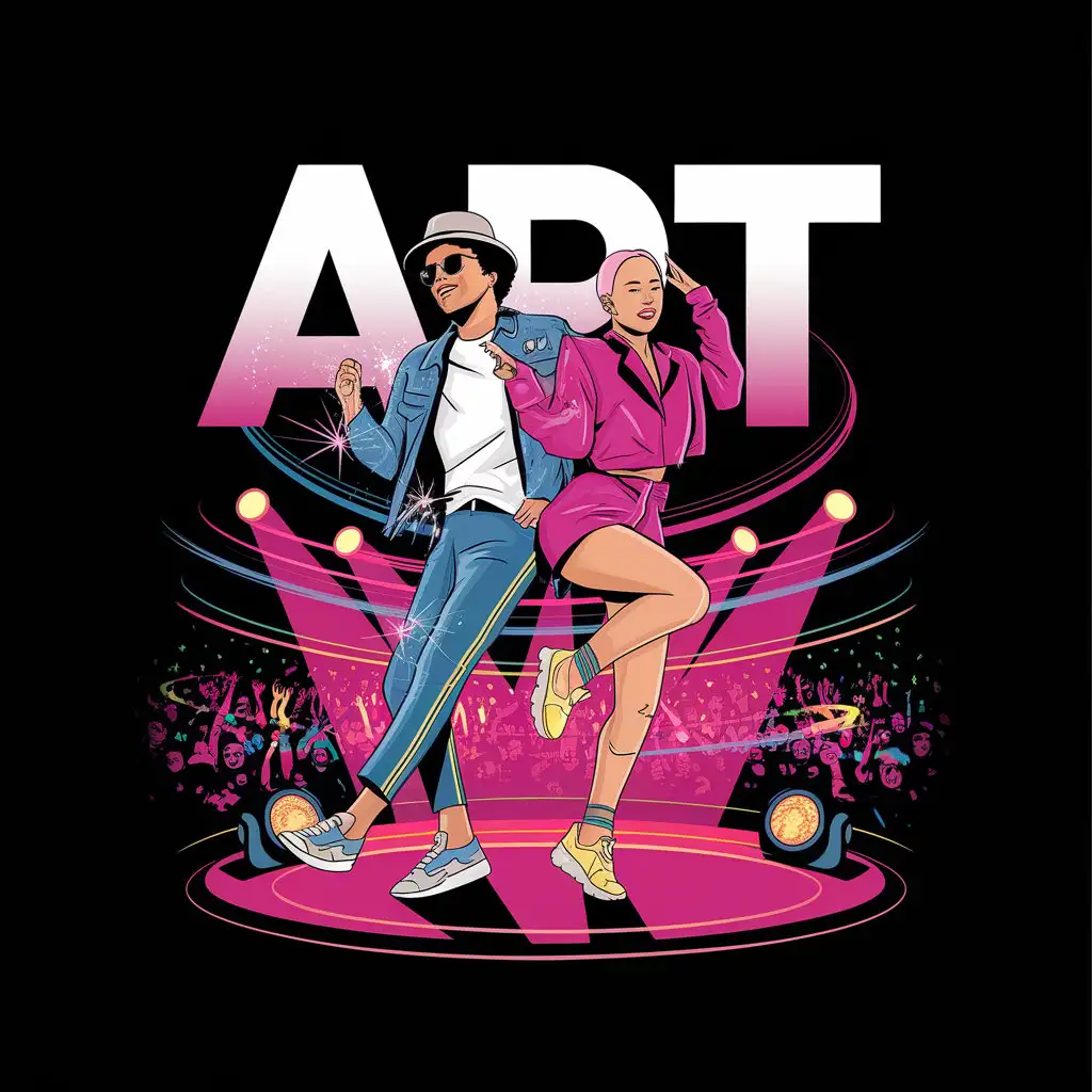 LOGO Design for APT Bruno Mars Ros Dancing on Stage with Neon Lights and Dynamic Atmosphere