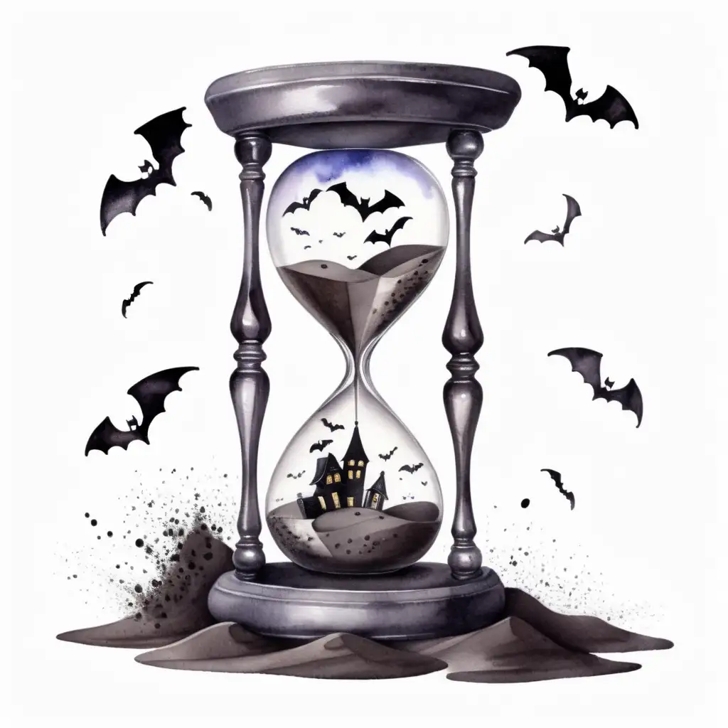 Aesthetic Watercolor Halloween Hourglass with Flying Bats