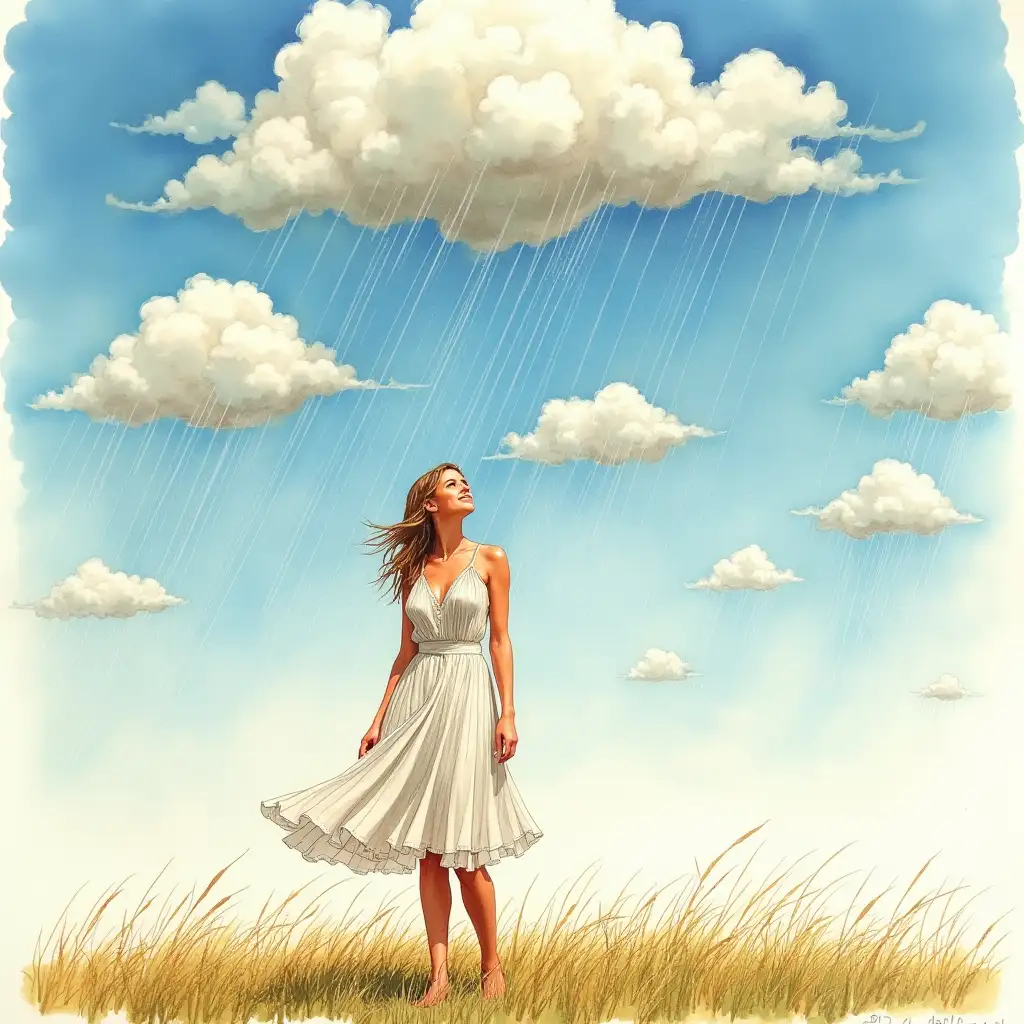 Realistic, watercolor, acrylic (masterpieces of the highest quality), A hot summer day, a beautiful lady standing happy in a wet dress after the rain has fallen. There are many clouds in the sky. Each cloud contains her memories of the past. Beautiful Watercolor and Ink painting, high detail, Michael Jarmusch style, medium plan.