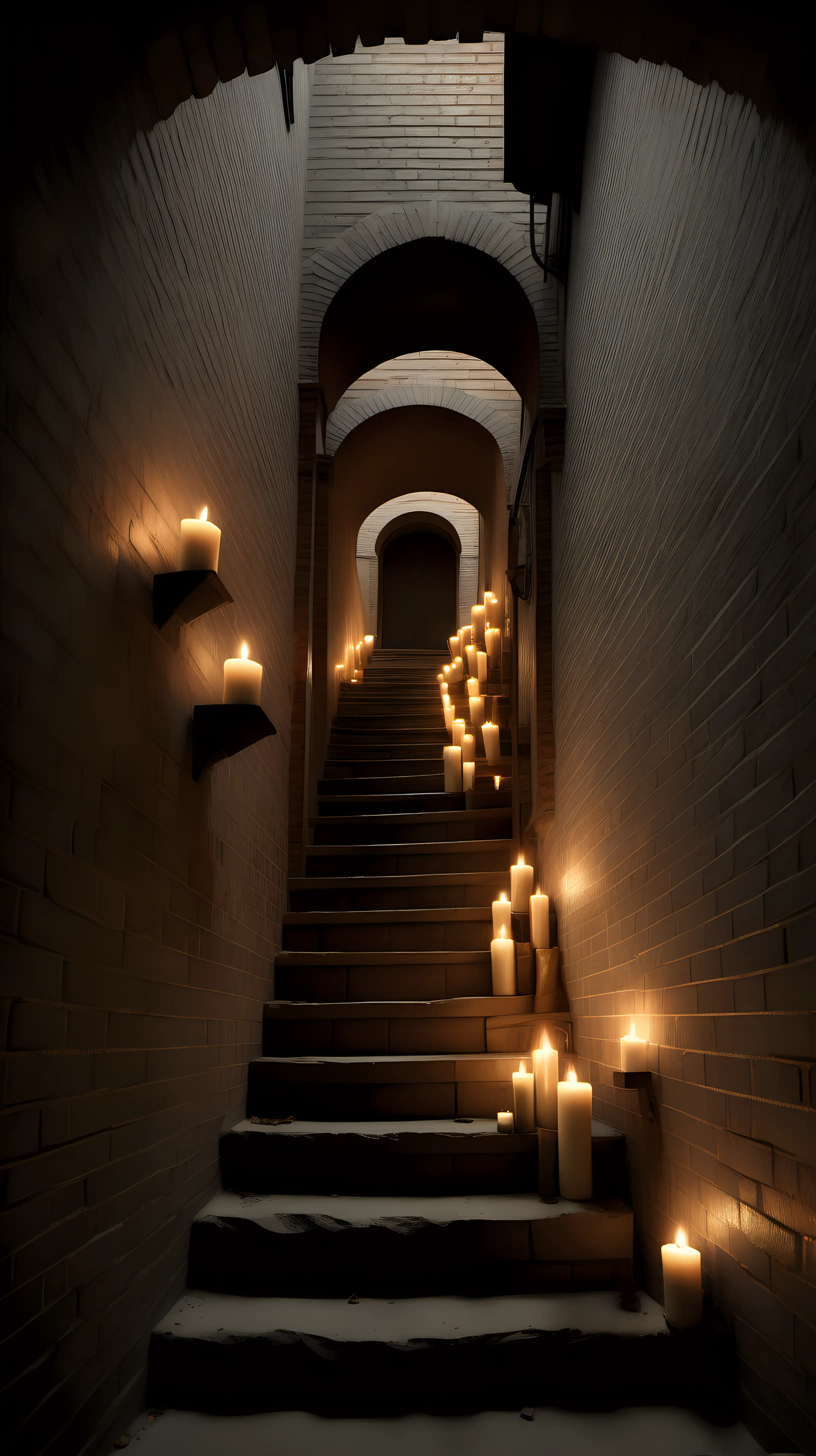 Ascending Light Brown Staircase Lit by Candles