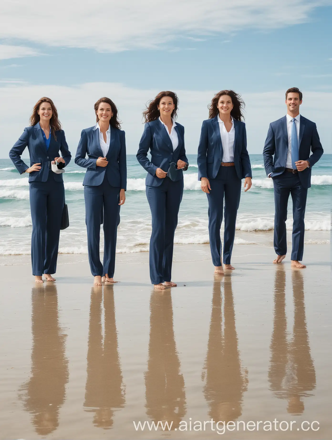 Five-Real-Estate-Agents-Standing-on-Beach-with-Blue-Sea-Background