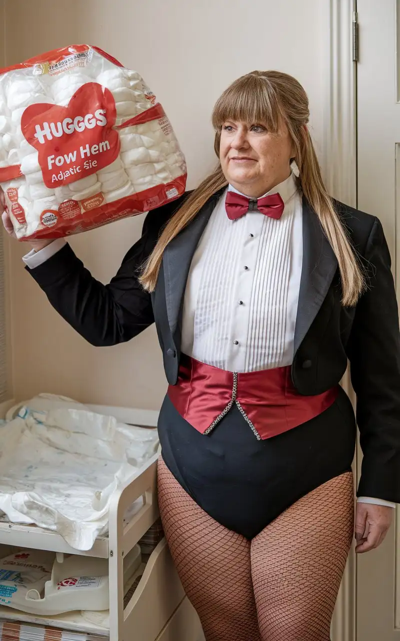 Smiling-MiddleAged-Caucasian-Woman-in-Formal-Tuxedo-Holding-Huggies-in-Nursery