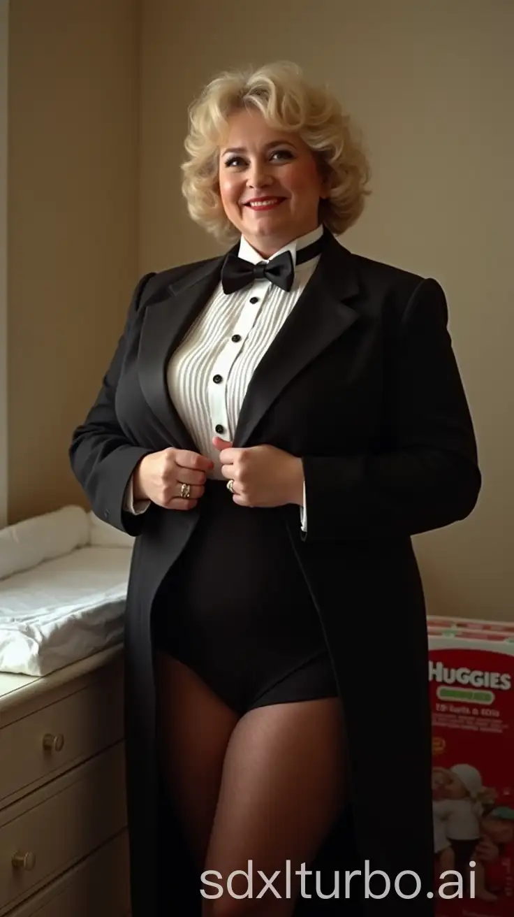 Caucasian-Woman-in-Formal-Orchestra-Tuxedo-at-Nursery-Changing-Table