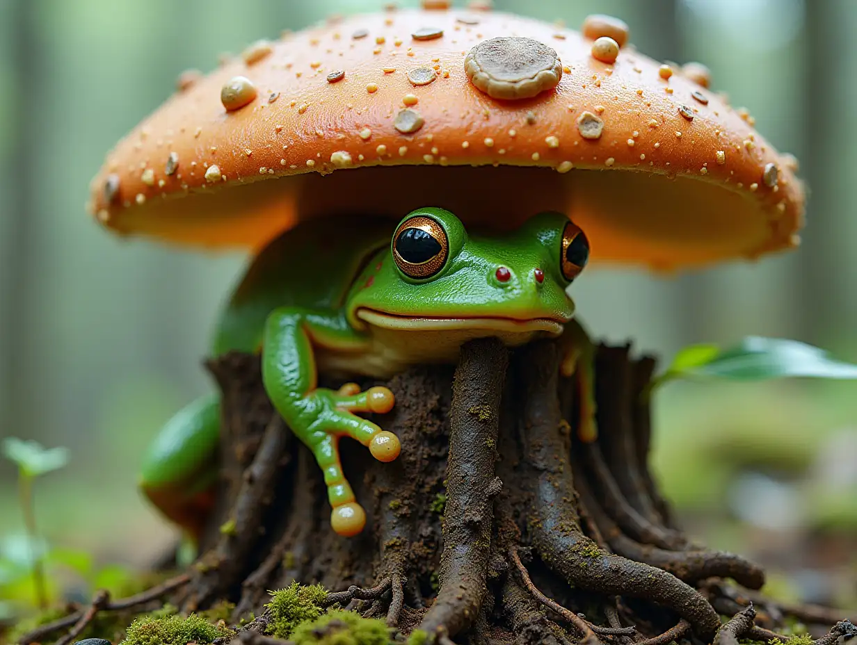 A mixture of Tasty Frog and man face,mushroom,roots transformed into building