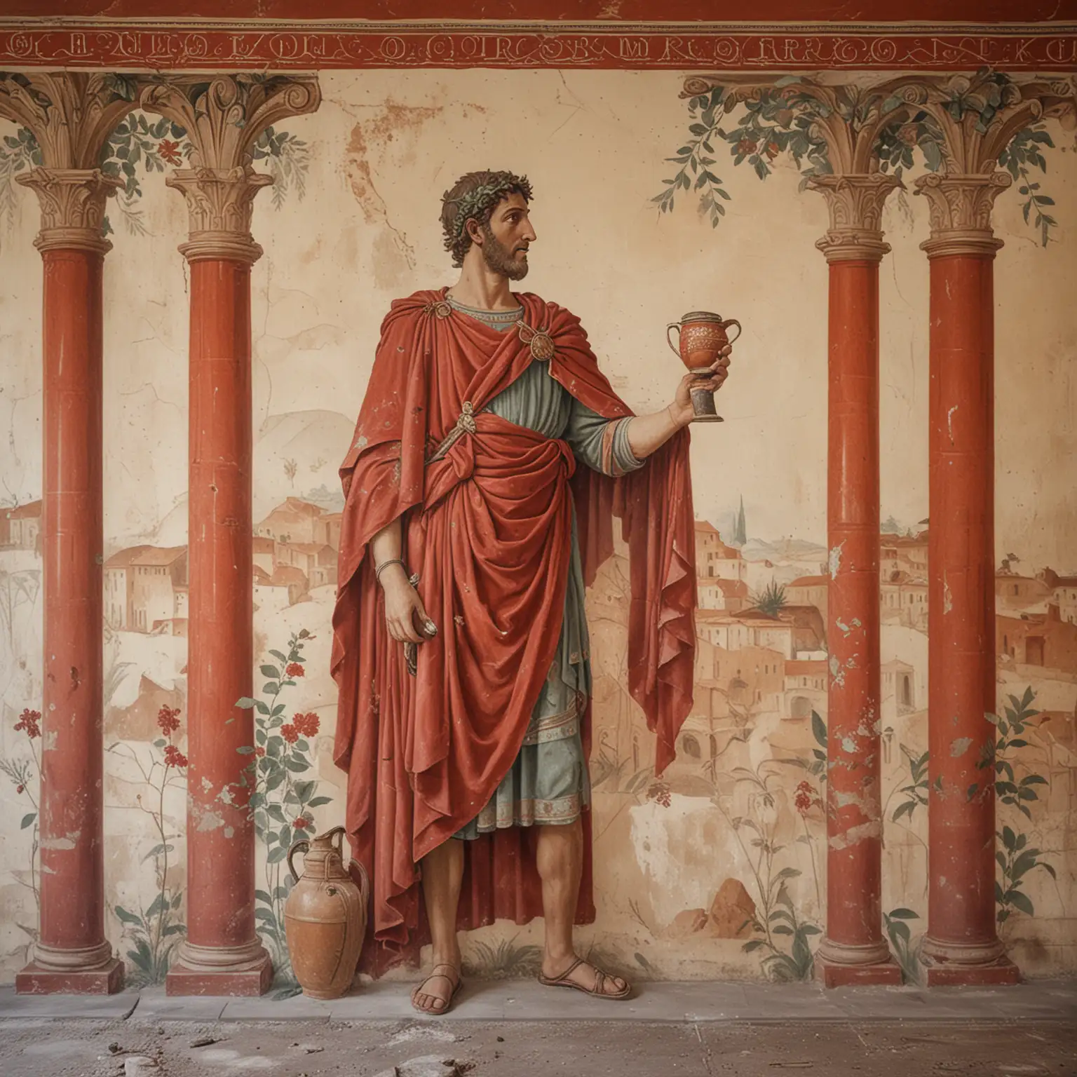 view from the front: a wall with an ancient Roman fresco in the style of the Villa of the Mysteries. The main shade of the fresco is a rich red, cinnabar. It is clear that the fresco is very old, with many chips and areas with peeling paint. The fresco depicts a Roman warrior in a cloak, drinking water from a jug.