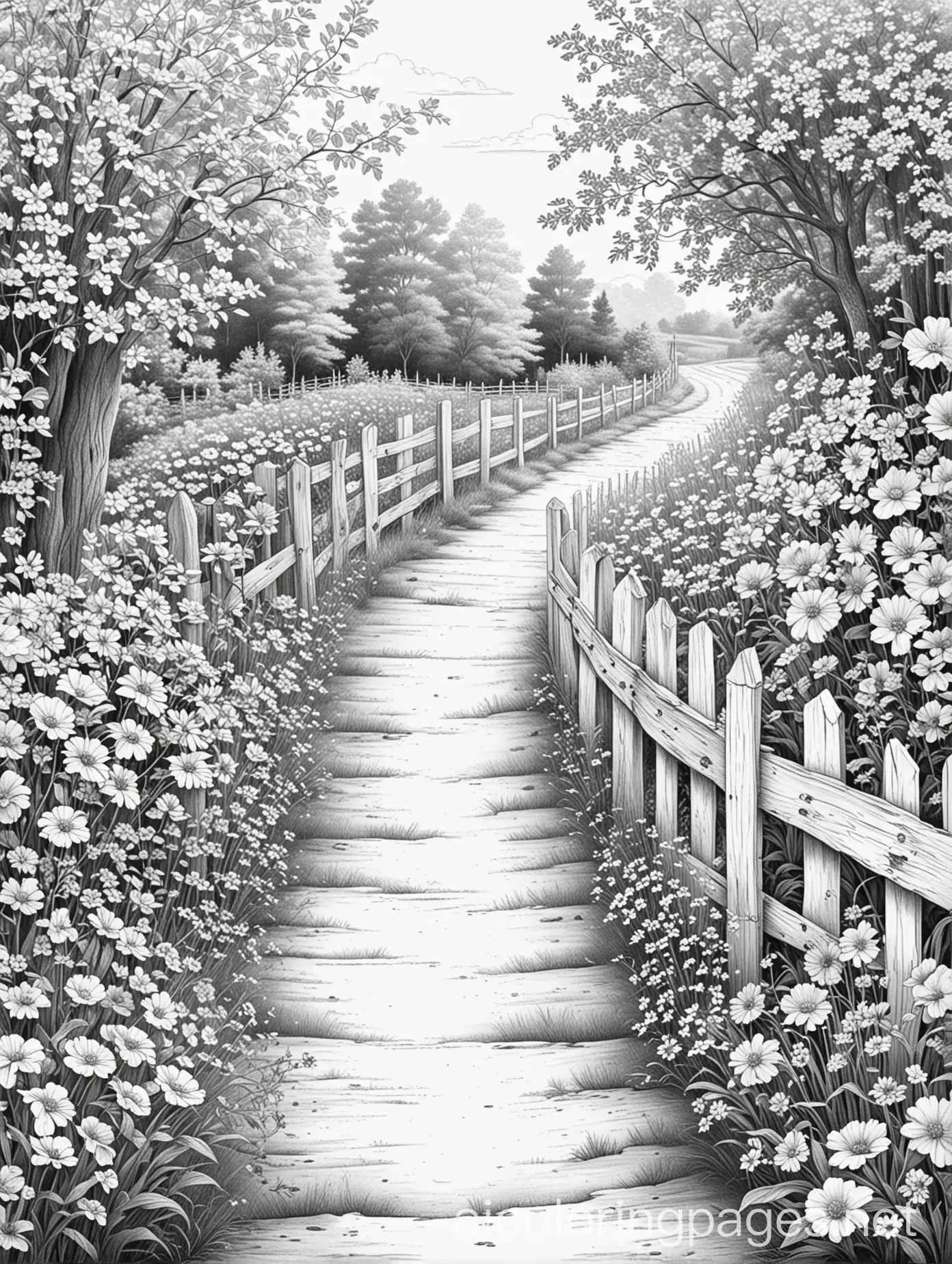 Charming-Country-Road-with-Fence-and-Flowers-Coloring-Page-for-Kids