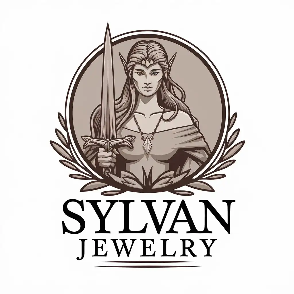 LOGO Design for Sylvan Jewelry Elven Woman with Sword and Necklace on a Clear Background