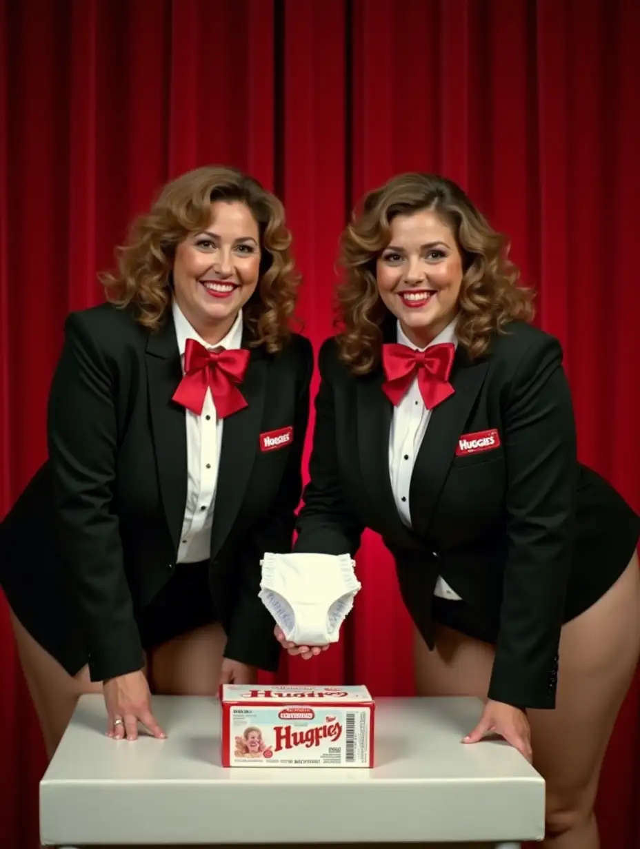 Caucasian-Woman-in-Formal-Tuxedo-Holding-Diaper-on-Stage-with-Red-Curtain-Backdrop