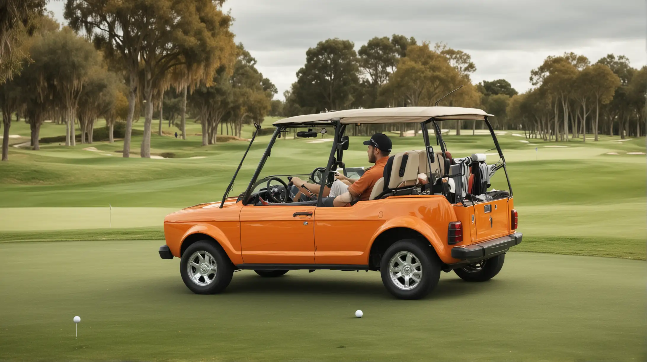 Golf Caddy Driving Through a Lush Green Golf Course
