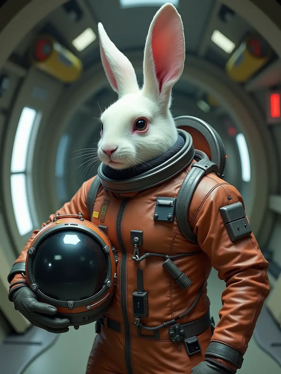 a brutal anthropomorphic rabbit with small ears in a helmetless spacesuit holding the helmet of a spacesuit, background - interior of living module of a space base