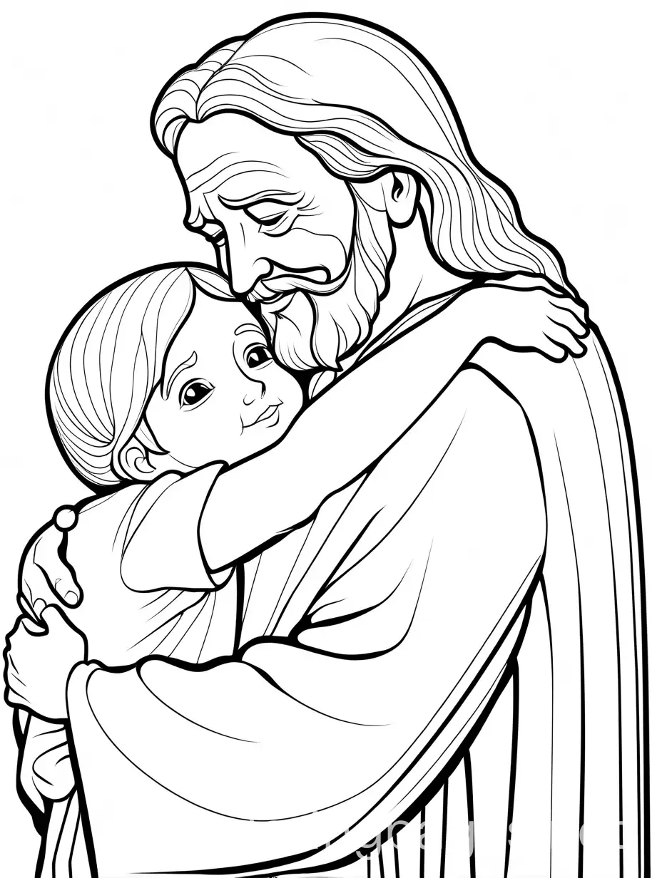 old person hugging Jesus, Coloring Page, black and white, line art, white background, Simplicity, Ample White Space. The background of the coloring page is plain white to make it easy for young children to color within the lines. The outlines of all the subjects are easy to distinguish, making it simple for kids to color without too much difficulty