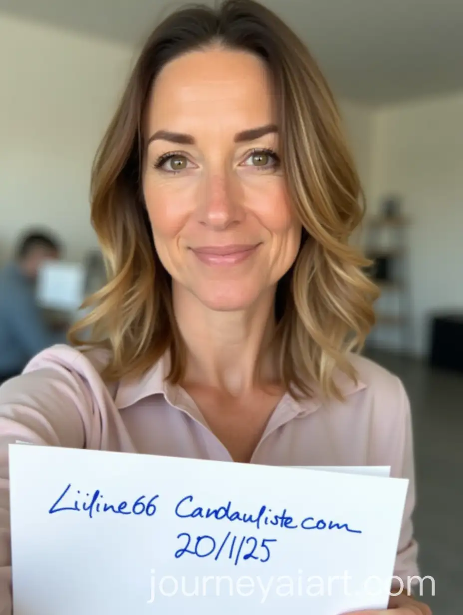 Selfie-of-44YearOld-Woman-in-Office-Holding-Handwritten-Note
