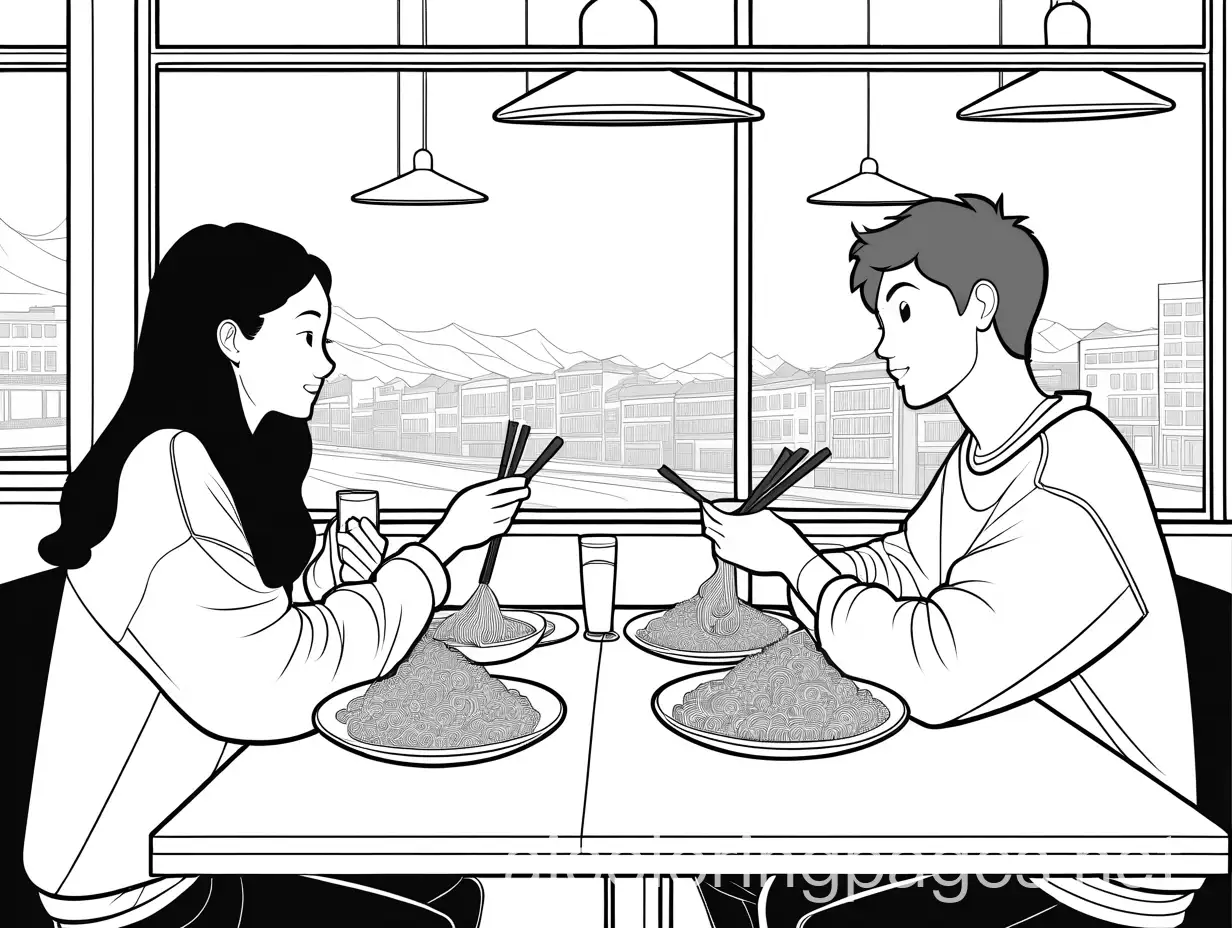 Young-Couple-Eating-Noodles-in-Restaurant-Back-View-Coloring-Page