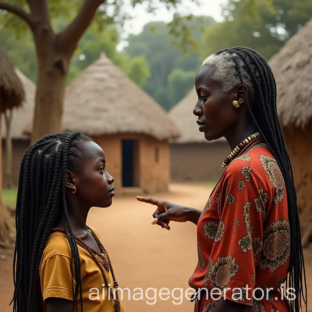 African-Elder-and-Child-Pointing-to-Traditional-Village-with-Huts-and-Trees