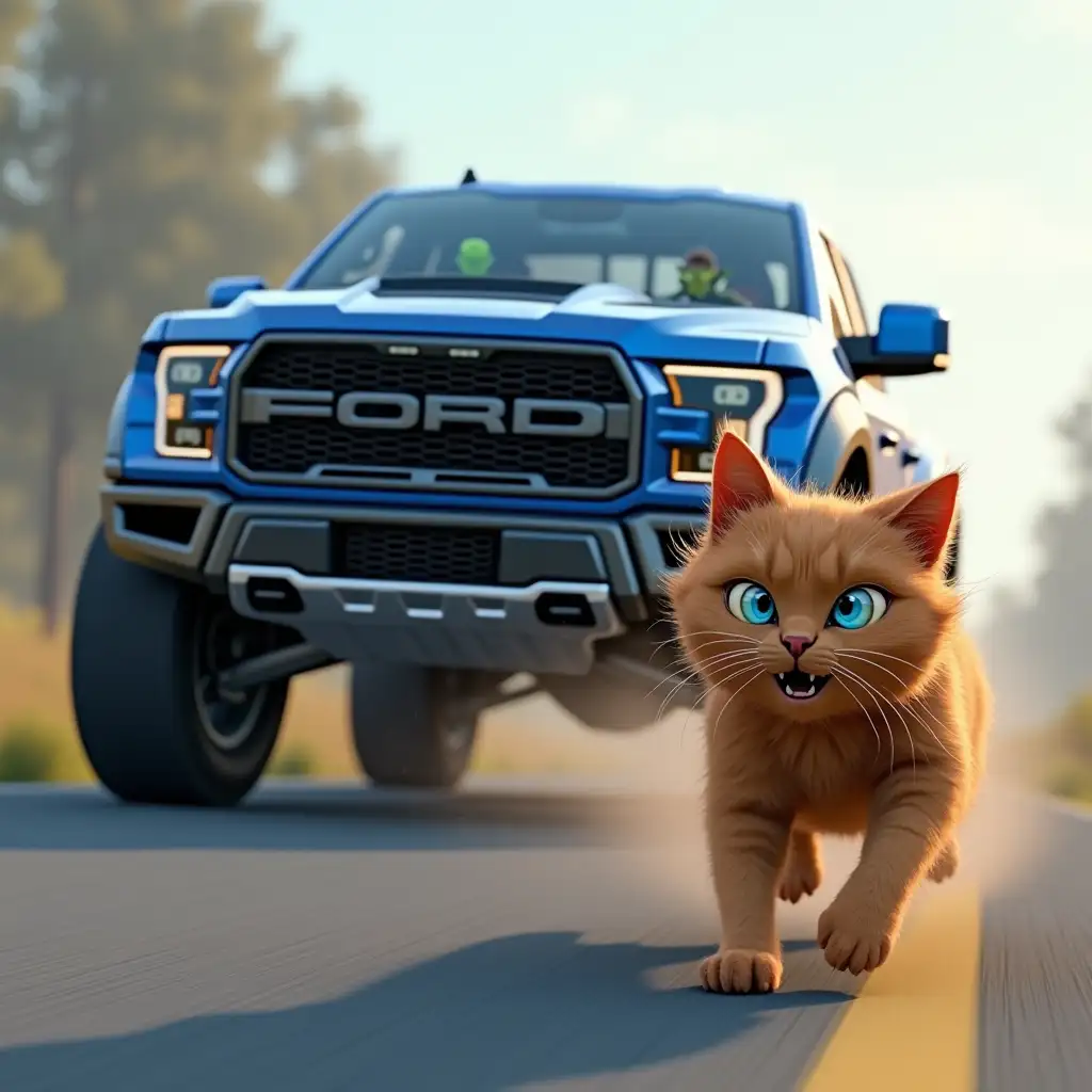 Huge blue ford f-150 raptor chasing a shaggy ginger cat, who is running away in terror along the road, one of the cat's eyes is blue, the other is yellow, a green goblin is driving the car, computer graphics