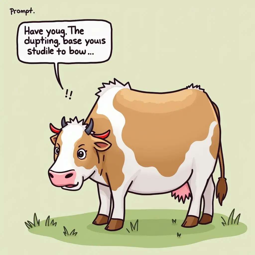 Prompt: Have the cow react to seeing herself, showing a sense of wonder or surprise.