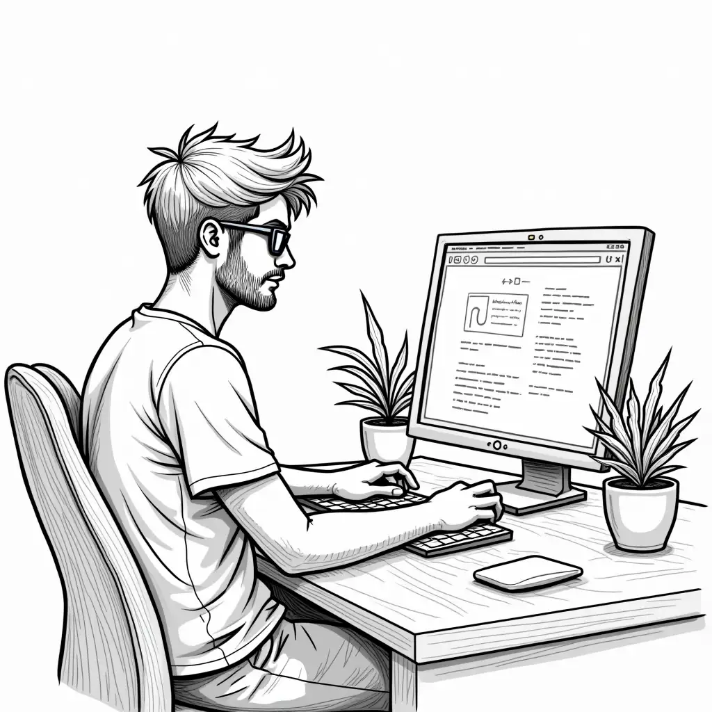 Web-Developer-Working-at-a-Computer-in-a-Startup-Environment-Continuous-Line-Drawing