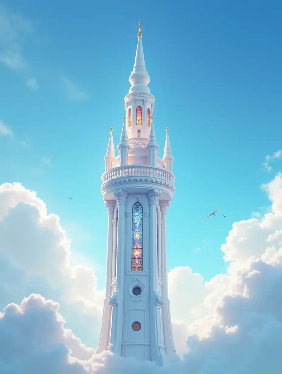 Pearlescent-White-Tower-with-Stained-Glass-Windows-Reaching-Toward-the-Sky