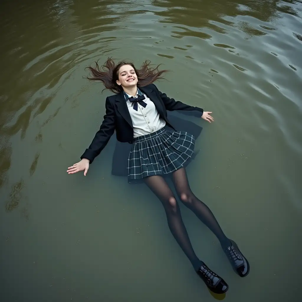 A young schoolgirl in a school uniform, in a skirt, jacket, blouse, dark tights, high-heeled shoes. She is swimming in a dirty pond, lying under water, all her clothes are completely wet, wet clothes stick to her body, the whole body is under water, submerged in water, under the surface of the water, below the water's edge.