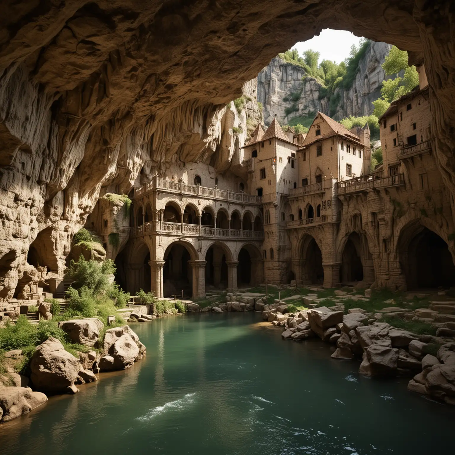 Medieval-Cave-Casino-with-River-Flowing-Through