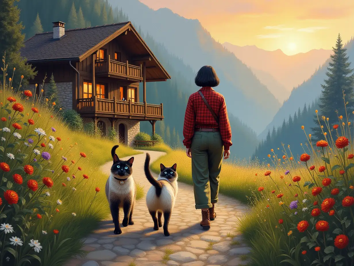 an oil painting of an Female Tonkanise/siamese medium size cat with Blue eyes, Red collar with a small bell, Dark tips, blue short fur, and an Male Tonkanise/siamese medium size cat with Green eyes, Blue collar with a small bell, dark tips, light platinum short fur gracefully walking up a path surrounded by flowers and grass toward a chalet, a mature woman with short jet black hair, wearing a red chequered shirt, leather belt, olive green long trousers, leather alpine hiking boots, is walking with the cats looking to the chalet, surrounded by shimmering lights. the sun is setting creating a magical and dreamlike atmosphere. ultra realistic