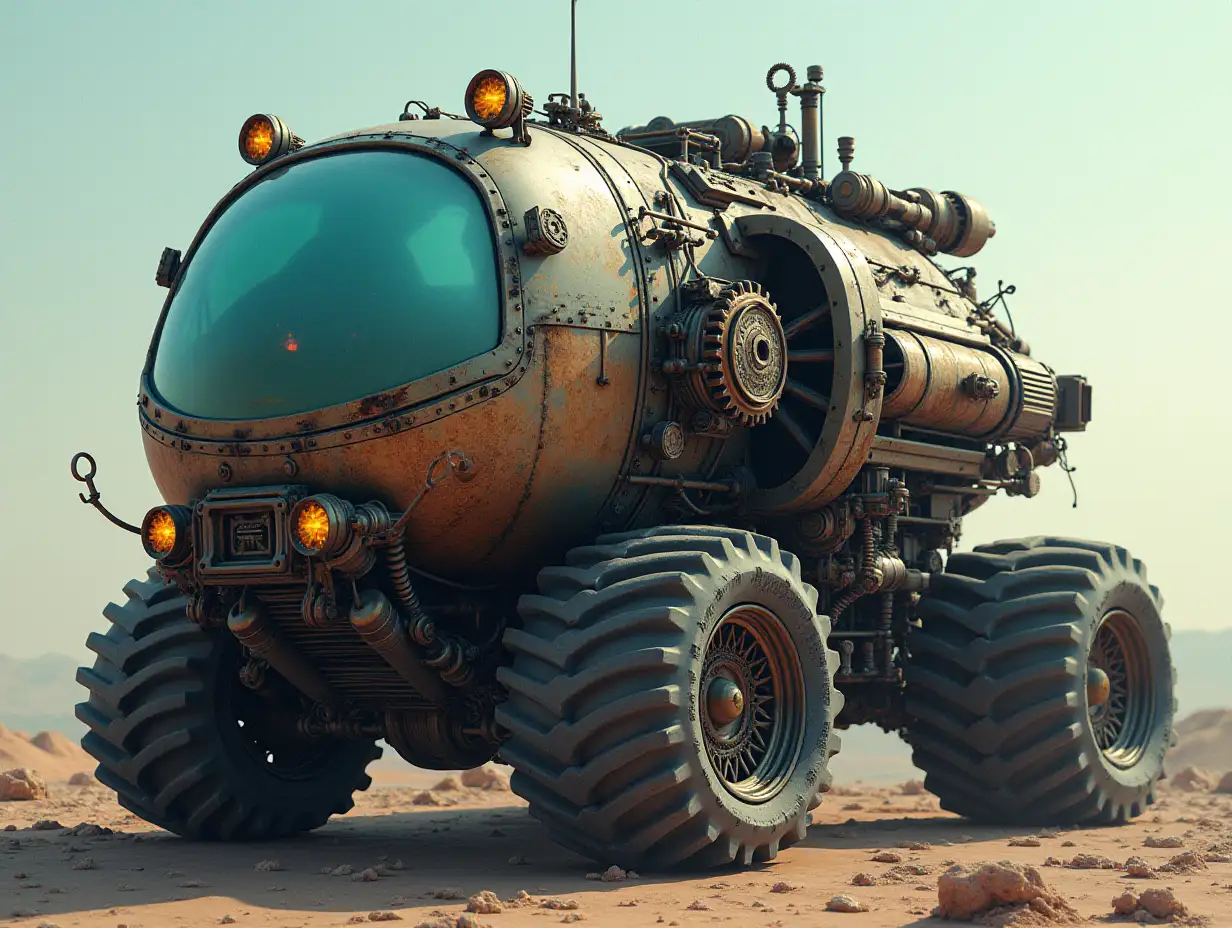 Create a crazy vehicle with many gears big windows ufo Cyberpunk.