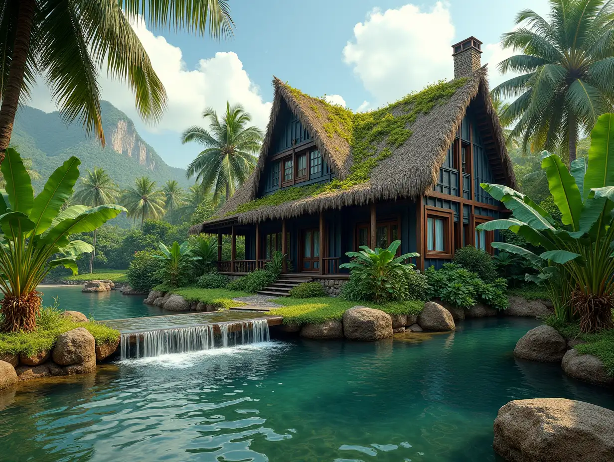 crooked Camouflage house with garden  And a pond with waterfall  on the beach with banana plants and palm trees  4K resolution wide-angle shots