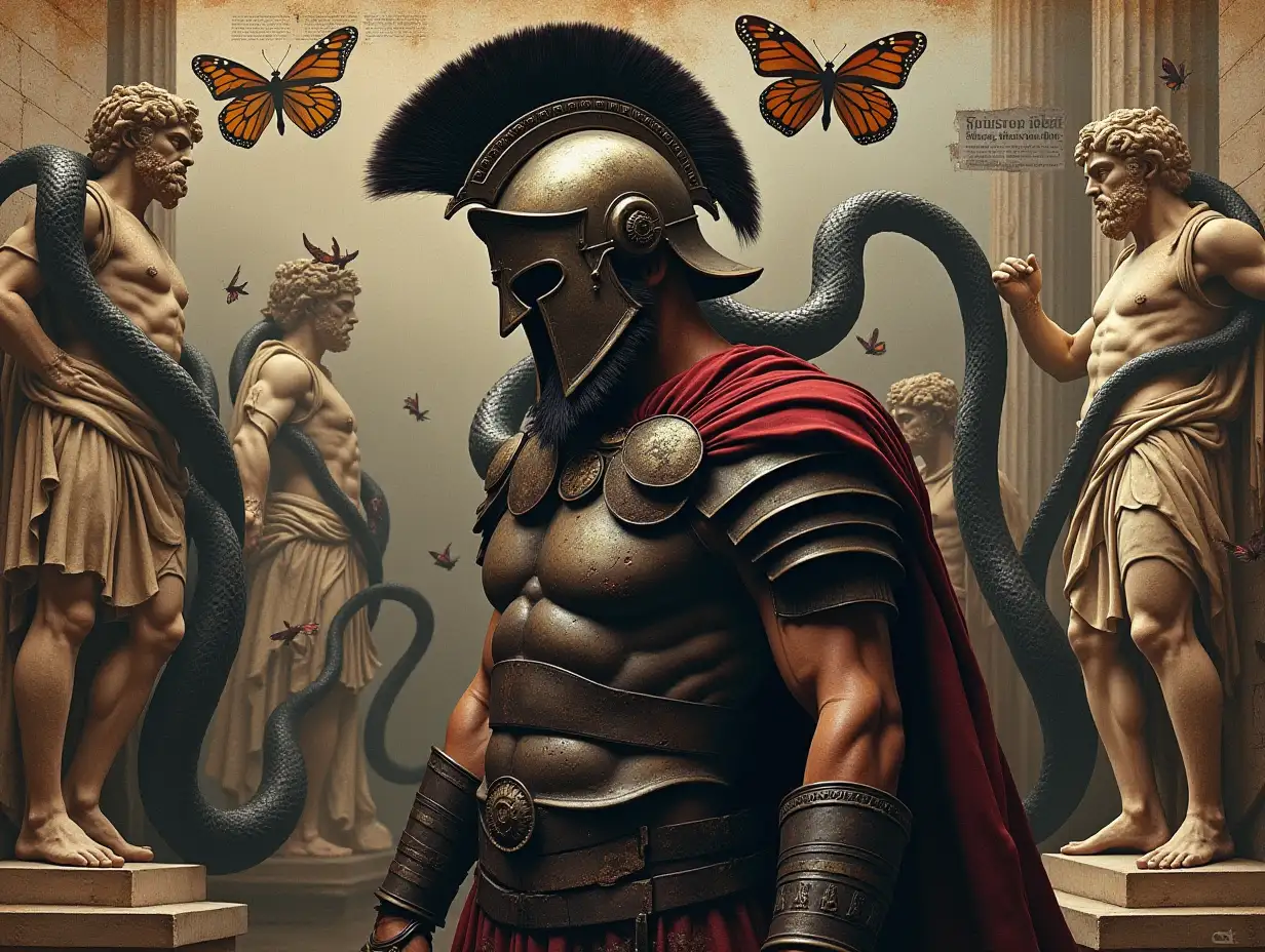 A dark and dramatic collage featuring a battle-weary Spartan warrior with a helmet worn by fighting, classical statues with cracks and signs of decay, and intertwined black snakes. Surrounded by mythological elements of ancient Greece, such as armor, pillars and warriors. Butterflies and faded antique newspaper clippings are fading in the background, creating a gothic and dark atmosphere. The scene evokes a feeling of history, war and mortality, with shadows, bloodstains and worn textures to emphasize the tension between life and death.