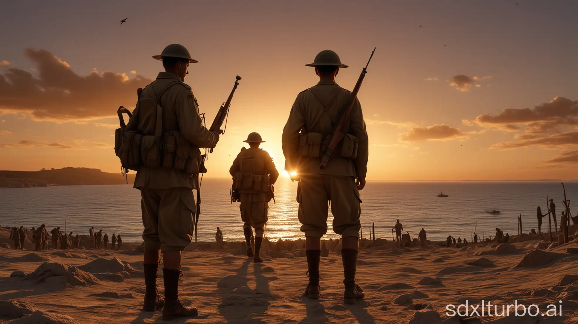 Anzac-Soldiers-at-Gallipoli-with-Sunset-Background