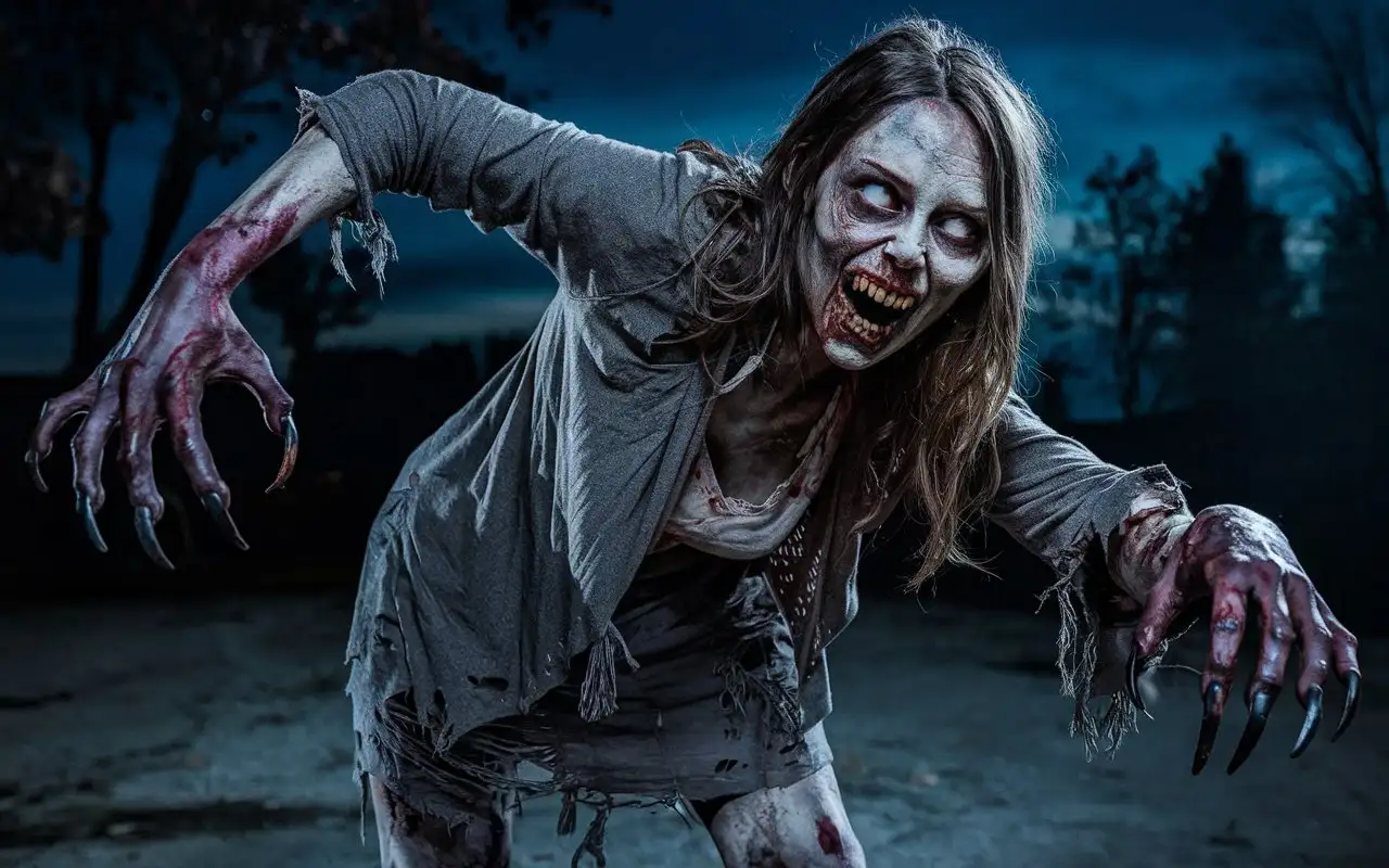 Zombie-Woman-with-Clawed-Fingernails-Hunting-Prey-at-Night