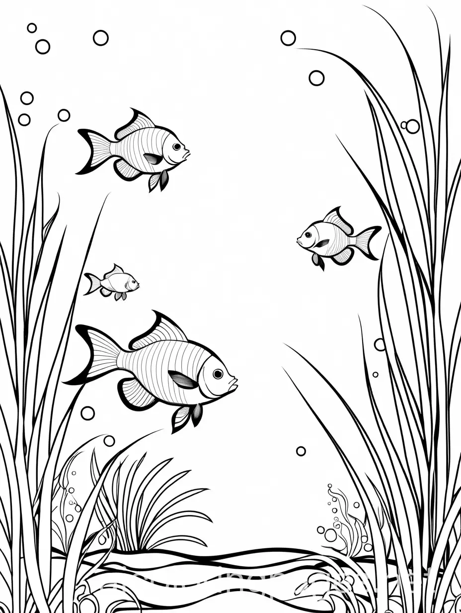 fish under water, Coloring Page, black and white, line art, white background, Simplicity, Ample White Space. The background of the coloring page is plain white to make it easy for young children to color within the lines. The outlines of all the subjects are easy to distinguish, making it simple for kids to color without too much difficulty