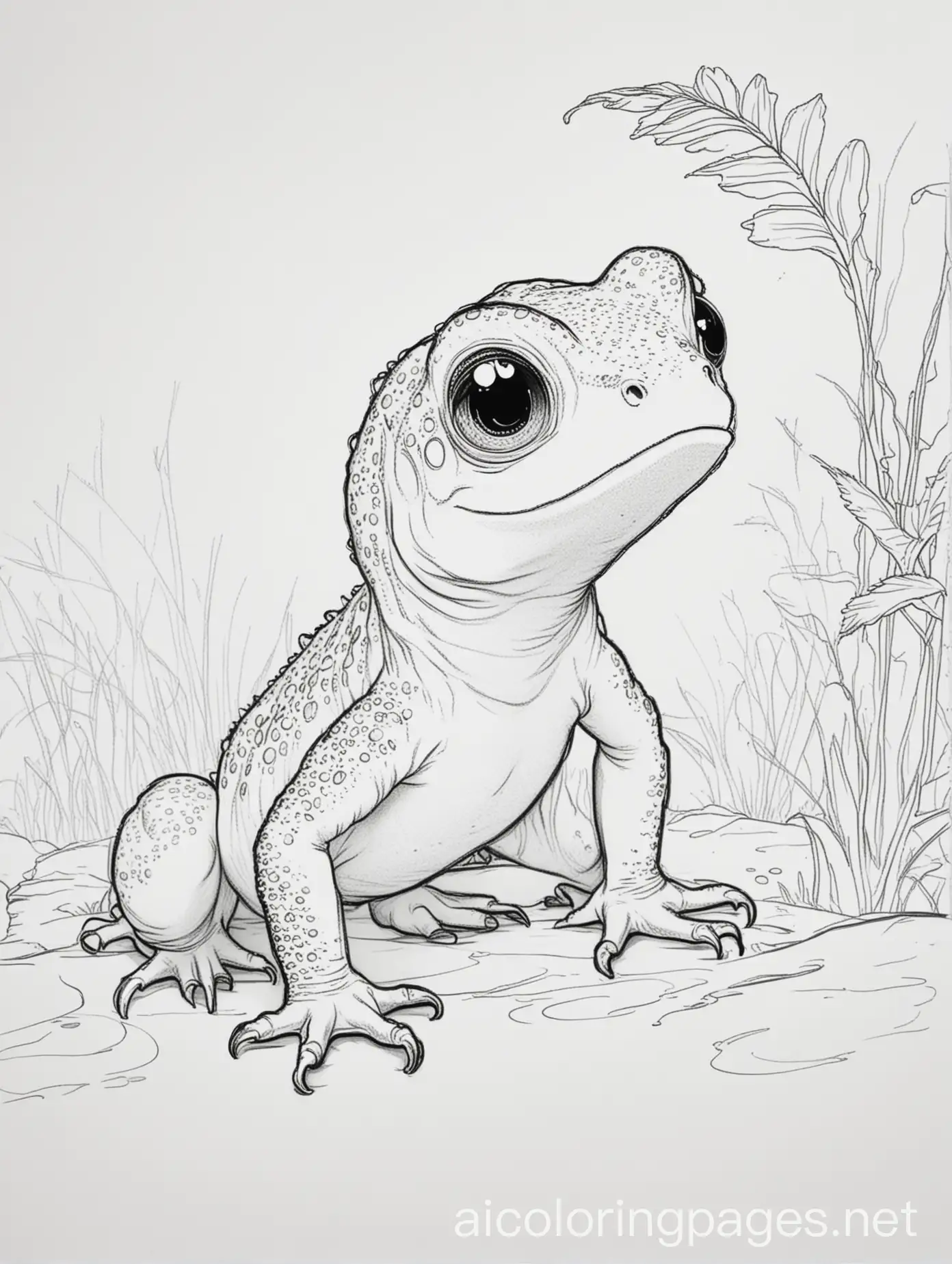 baby newt, Coloring Page, black and white, line art, white background, Simplicity, Ample White Space. The background of the coloring page is plain white to make it easy for young children to color within the lines. The outlines of all the subjects are easy to distinguish, making it simple for kids to color without too much difficulty