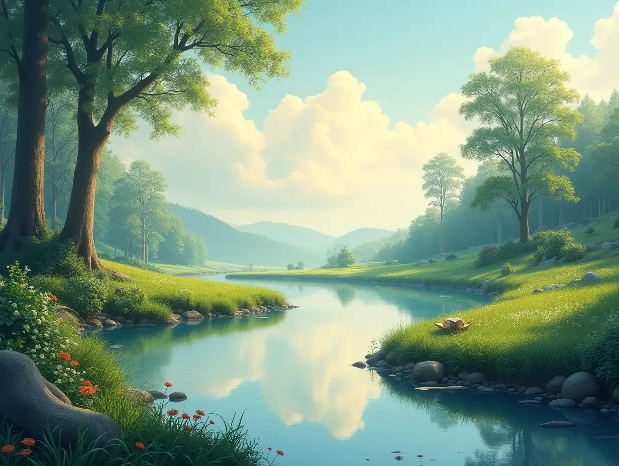 Tranquil landscape with harmonious blend of nature and convolutional neural network elements