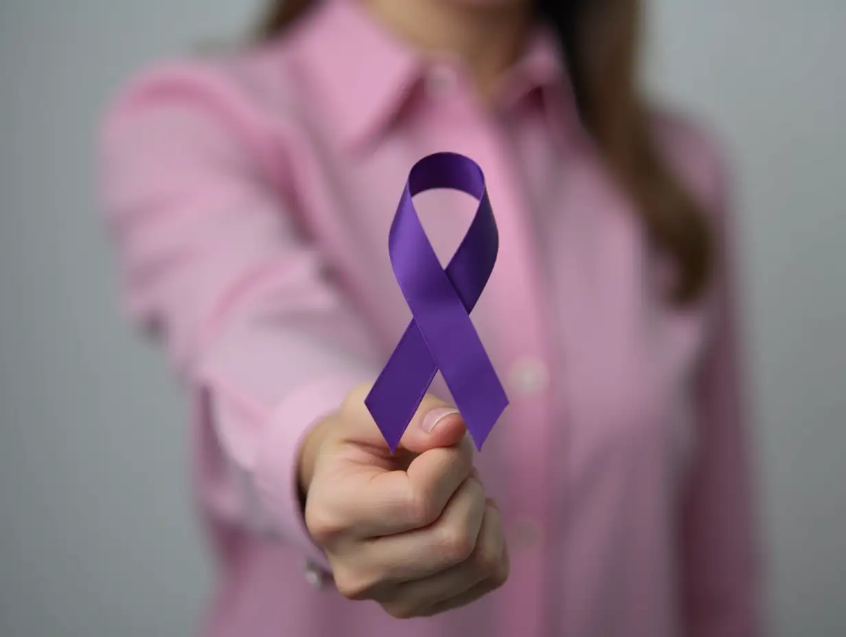 Woman-Holding-Purple-Ribbon-on-World-Cancer-Day