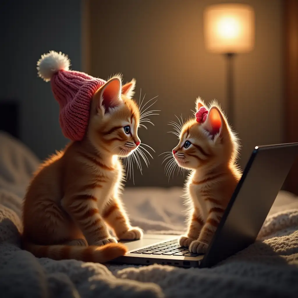 ginger nice real kitten in knitted hat sits and watches movie on laptop. next to him sits another kitten with a bow on head and watches movie