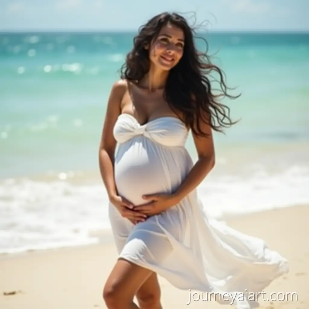 Pregnant-Woman-Dancing-Gracefully-on-the-Beach-in-Flowing-White-Dress