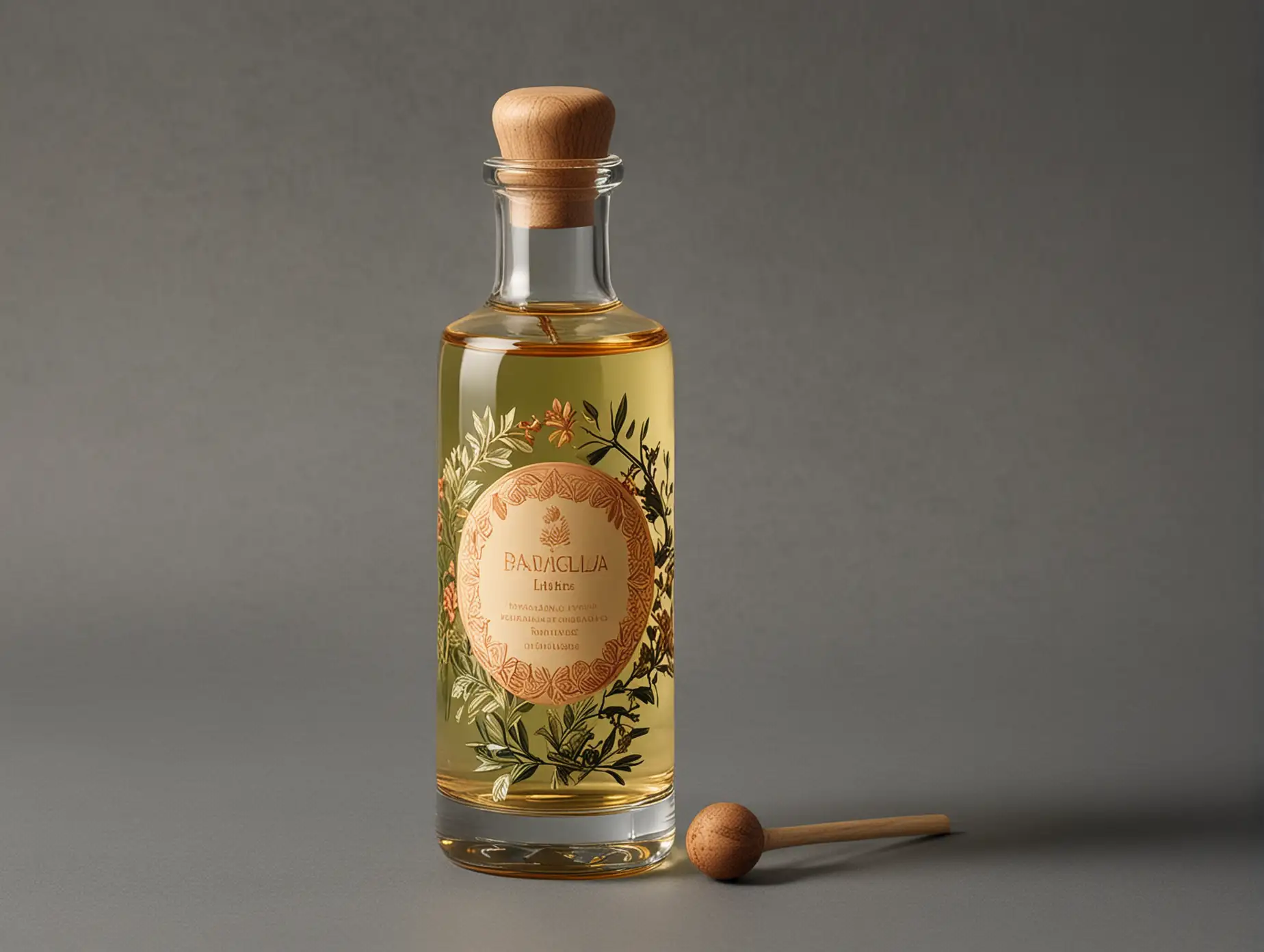 A tall, elegant bottle with a wide base and narrow neck. The glass can be slightly tinted (e.g. dark green or amber) to emphasise premiumity. The neck has a wooden stopper with laser engraved logo. Label: Gradient from dark green to gold, symbolising the transition from earth (roots, herbs) to sunshine (citrus, flowers). Illustrations: In the centre of the label is a circle with stylised botanical elements inside: Juniper - twigs with berries. Citrus fruits - lemon, orange and grapefruit cut in half to show their juiciness. Rose petals - delicate pink petals scattered in a circle. Spices - cinnamon, cardamom and ginger shown in stylised patterns. Angelica root and liquorice - roots intertwined at the bottom of the circle. Almonds - several nuts, neatly placed among other elements. The brand name ‘Botanica Aurea’ - gold embossed at the top of the label. Underneath is a slogan such as: ‘A garden of fragrance in every drop’. Details: On the edges of the label there are thin gold lines resembling ornate patterns. A matte black or gold cap with the brand's minimalist logo. The bottle itself (under the label) can be printed with a subtle pattern of leaves and flowers that will shine through the glass. Collarette: A small strip of paper around the neck with the brand name and motto.