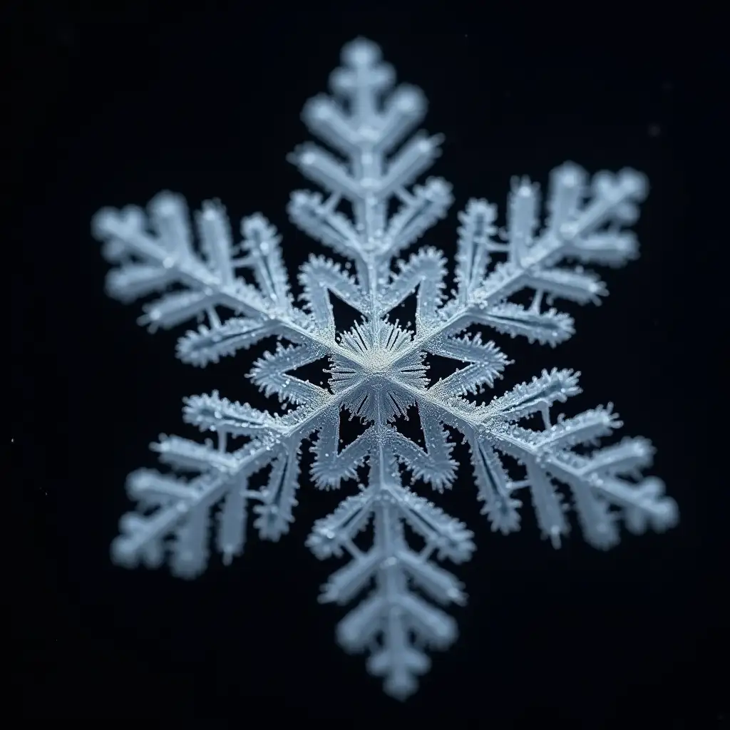 close up of a snow flake, With detail of the geometric shapes within the snow flake. Attention to realism. Image taken from a 64 mega pixel camera shot with cinematic imagery on a black back ground