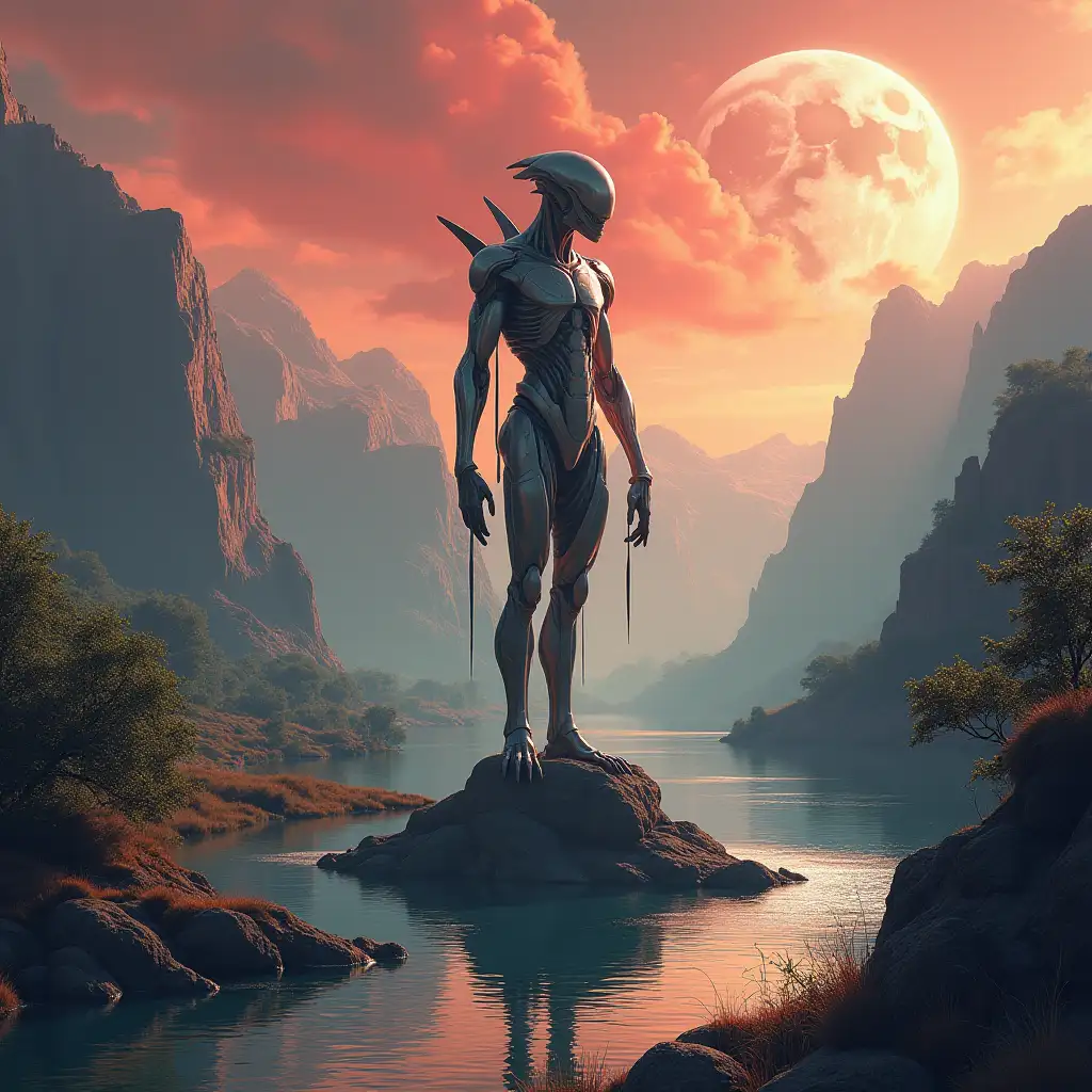 extraterrestrial creature 30 metr tall on a rock in the river, mountains, plants, water, planets, red clouds, trees spacecraft