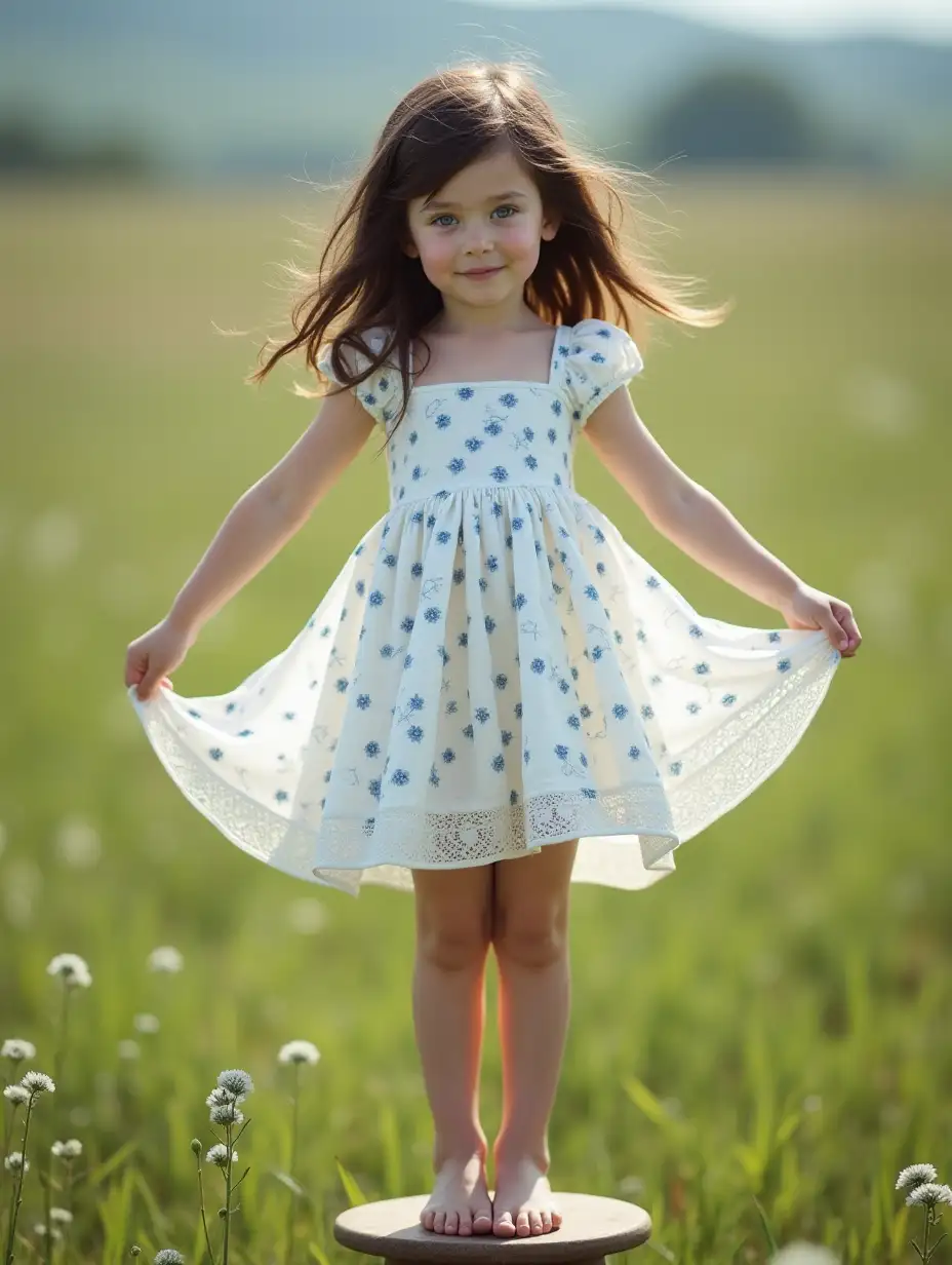 Slender little girl. Blue eyes. Wavy dark brown hair. Shiny pale skin. Minidress with puffy cap sleeves, wide square low neckline, patterned with tiny blue flowers. The hem of her dress is billowing up in a strong wind, showing her sheer eyelet lace panties. Skinny legs and bare feet visible. Standing on a small stool in a grassy meadow. Arms out to the sides like she is flying.