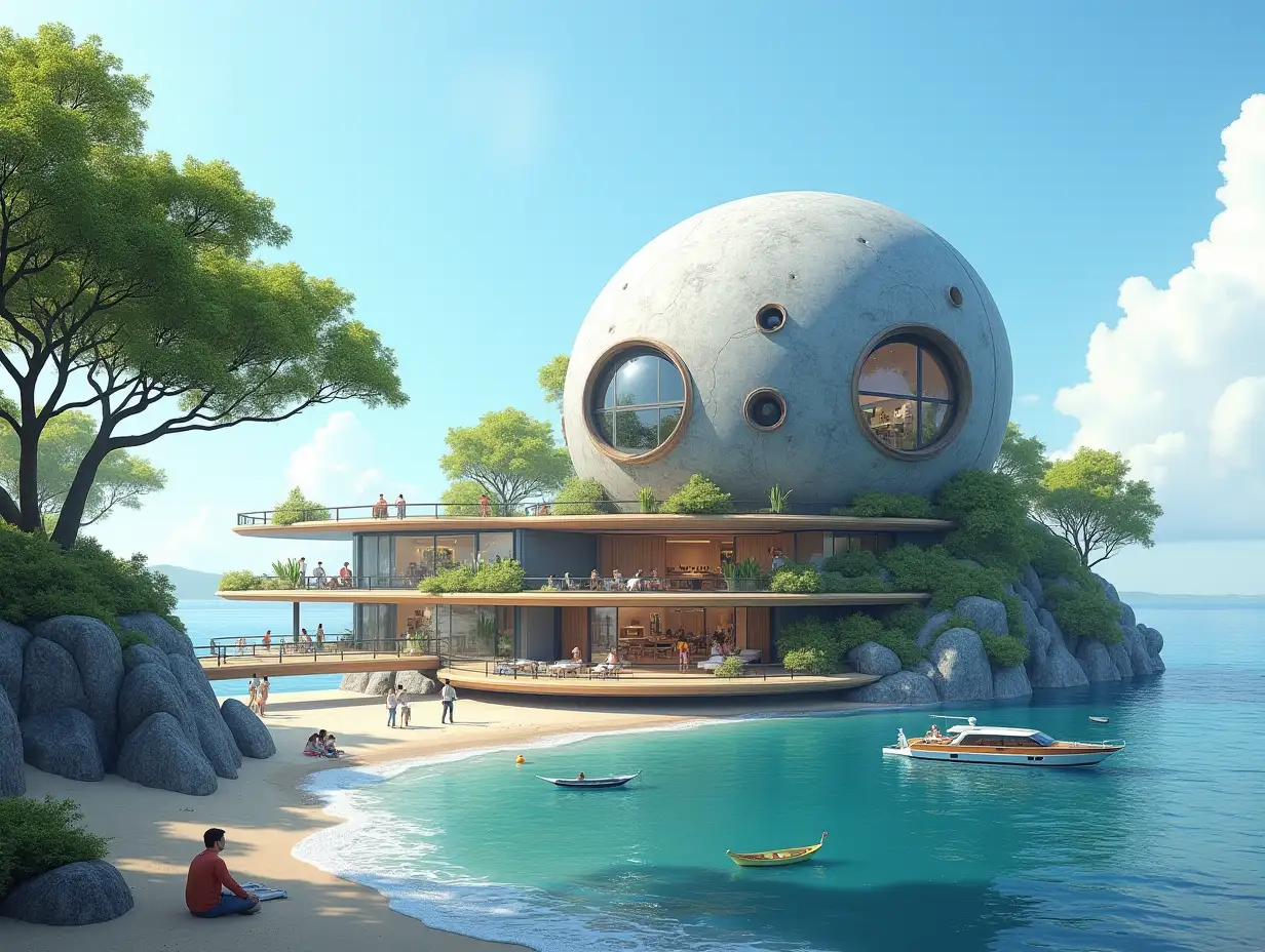 Create a high-resolution, realistic panorama image of a futuristic terrace building with window snail house with bridge a yacht and a small boat beach with people many plants and grey and brown facades with sea with waves, large trees, blue sky