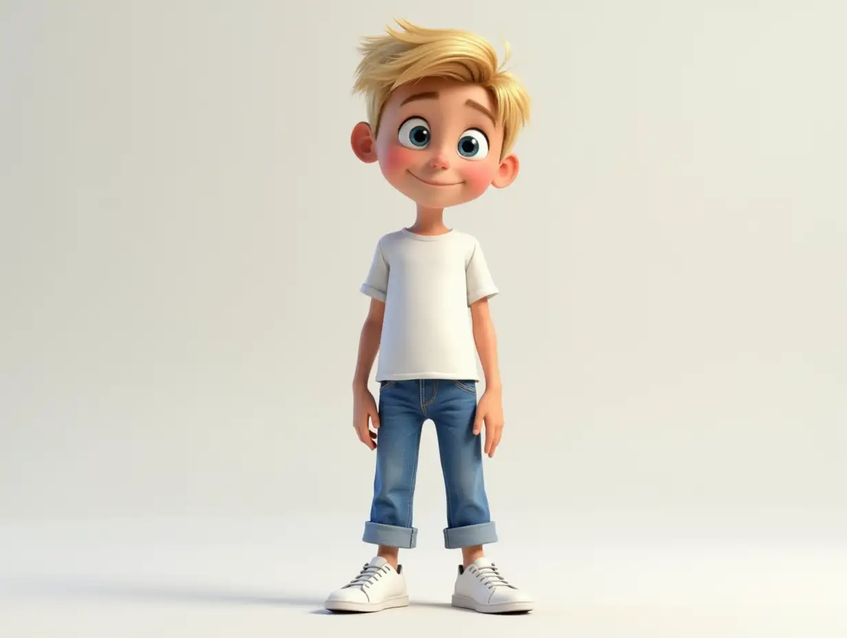 A blond Boy 3D Disney Pixar Style, 14 years of age, Wearing White shirt, Blue Jeans, White sneakers. Blue eyes, t-pose