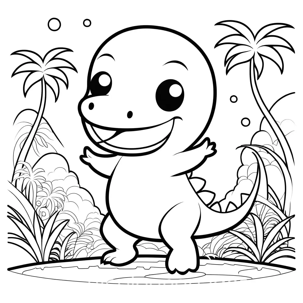 Kawaii-Dinosaur-Dancing-in-Hawaii-Coloring-Page