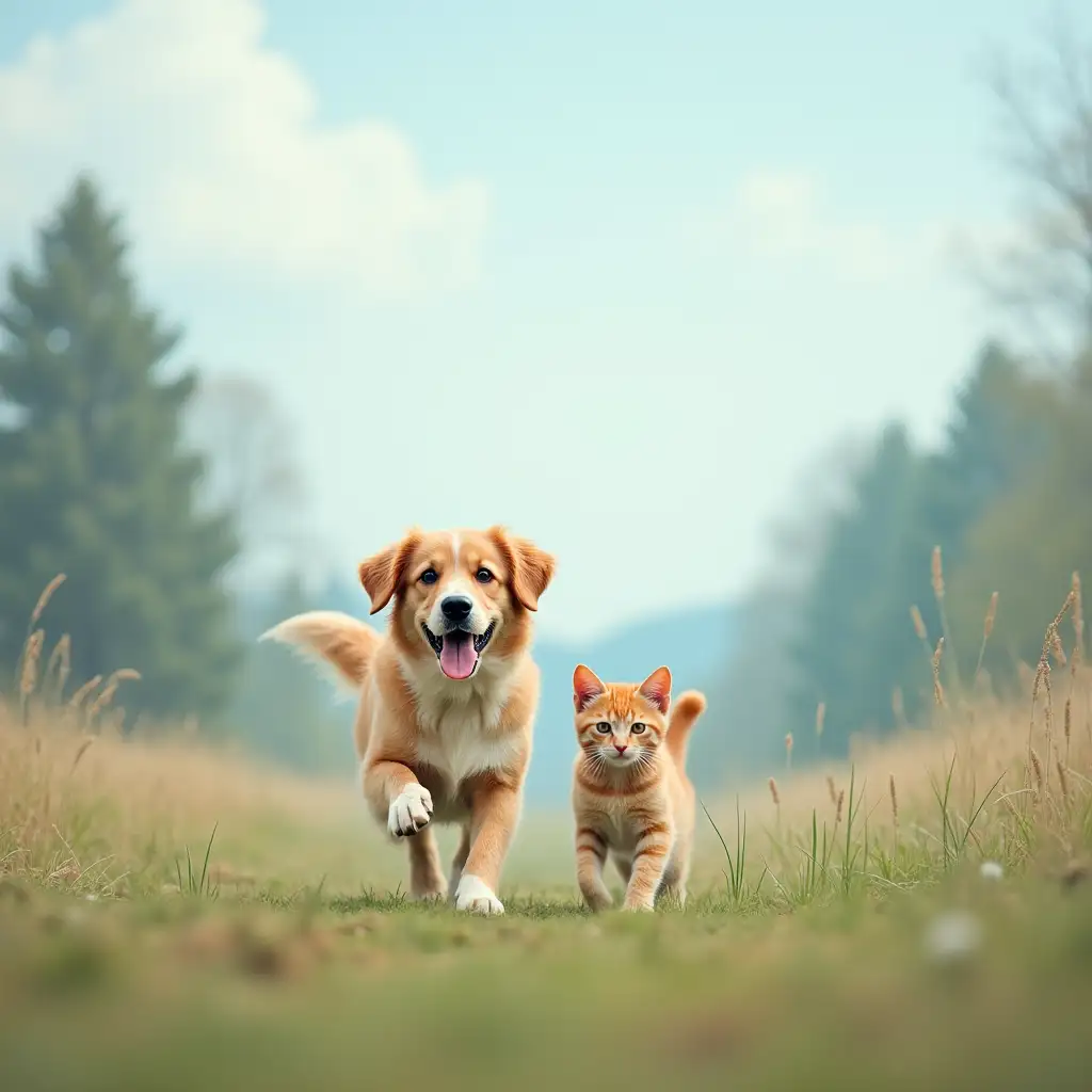 Playful Dog and Cat in a Pastel Blue Countryside