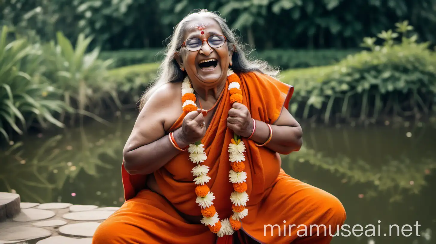 Elderly Hindu Monk Woman Exercising with Joy by the Pond