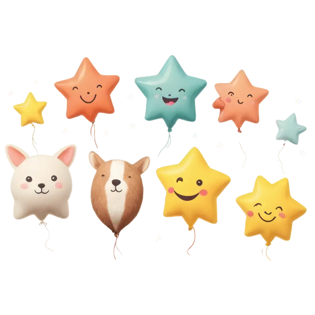 Playful-PNG-Illustration-of-Fun-Smiling-Animals-Cute-Stars-Balloons-and-Clouds-for-Kids-Aged-36