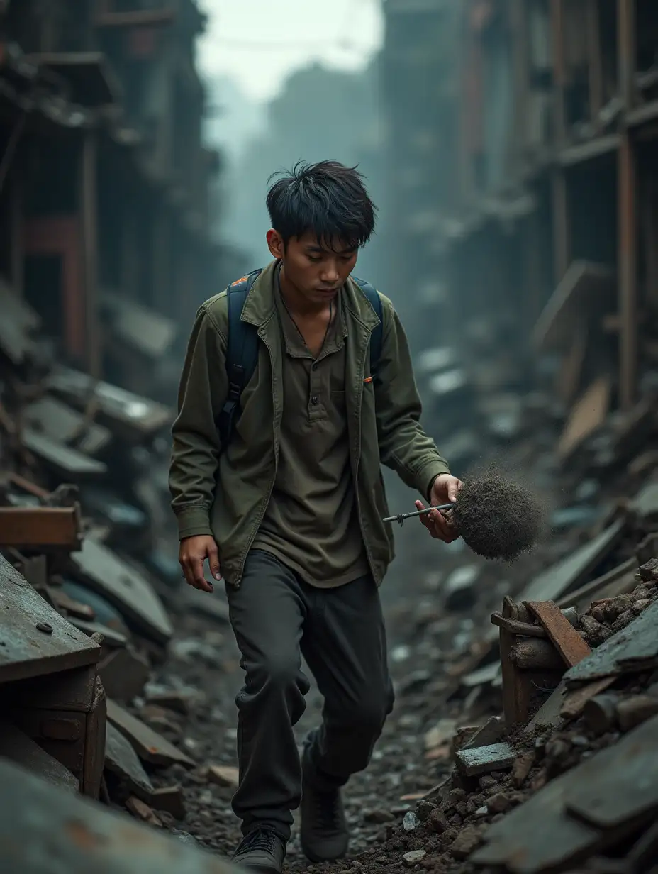 An exhausted young man named Ye Chong in a desolate junkyard, surrounded by piles of broken metal scraps and machinery, searching through trash. His face is filled with frustration and disappointment as he blows out a small cloud of dust. He tosses a worn, rusty piece of equipment to the side, symbolizing his frustration. The setting is dark and gritty, with shadows from towering piles of debris. The atmosphere feels tense and hopeless, emphasizing the struggle and desperation of this moment.