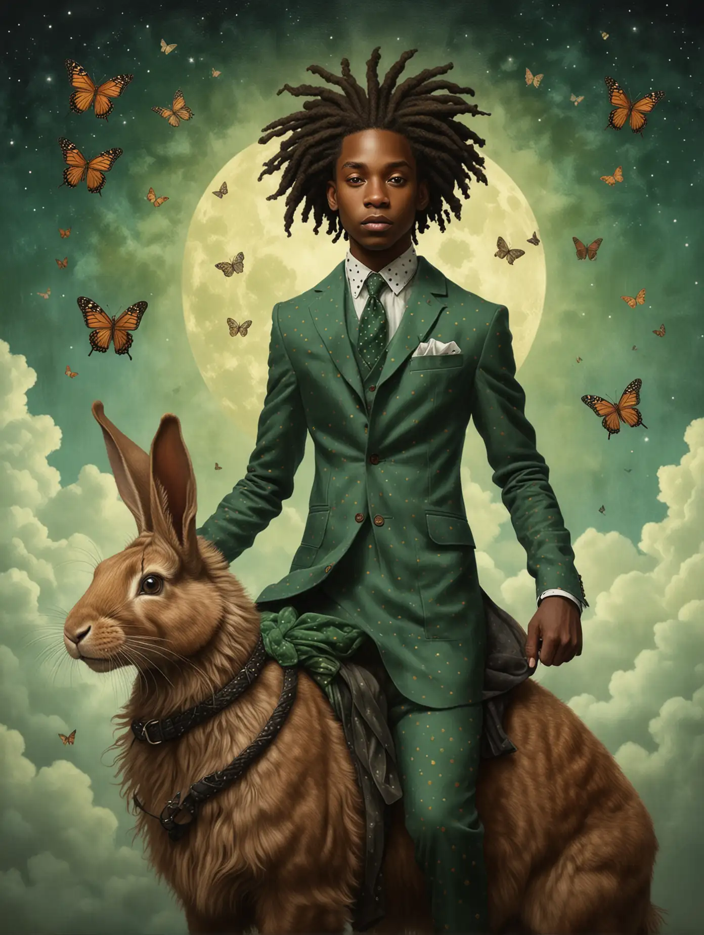 Surreal Acrylic Painting of a Young Black Man Riding a Giant Rabbit at Night