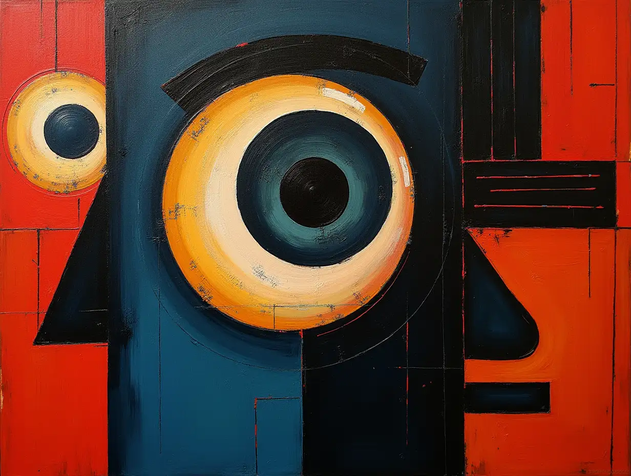 user_prompt: Picture in a grid, stripe, primitively schematic minimalism, avant-garde, face, huge looming eye, darkness in the style of Kandinsky, Malevich, minimalism, simplify for a beginner artist with acrylic many colors, constructivism abstractionism, rather dark