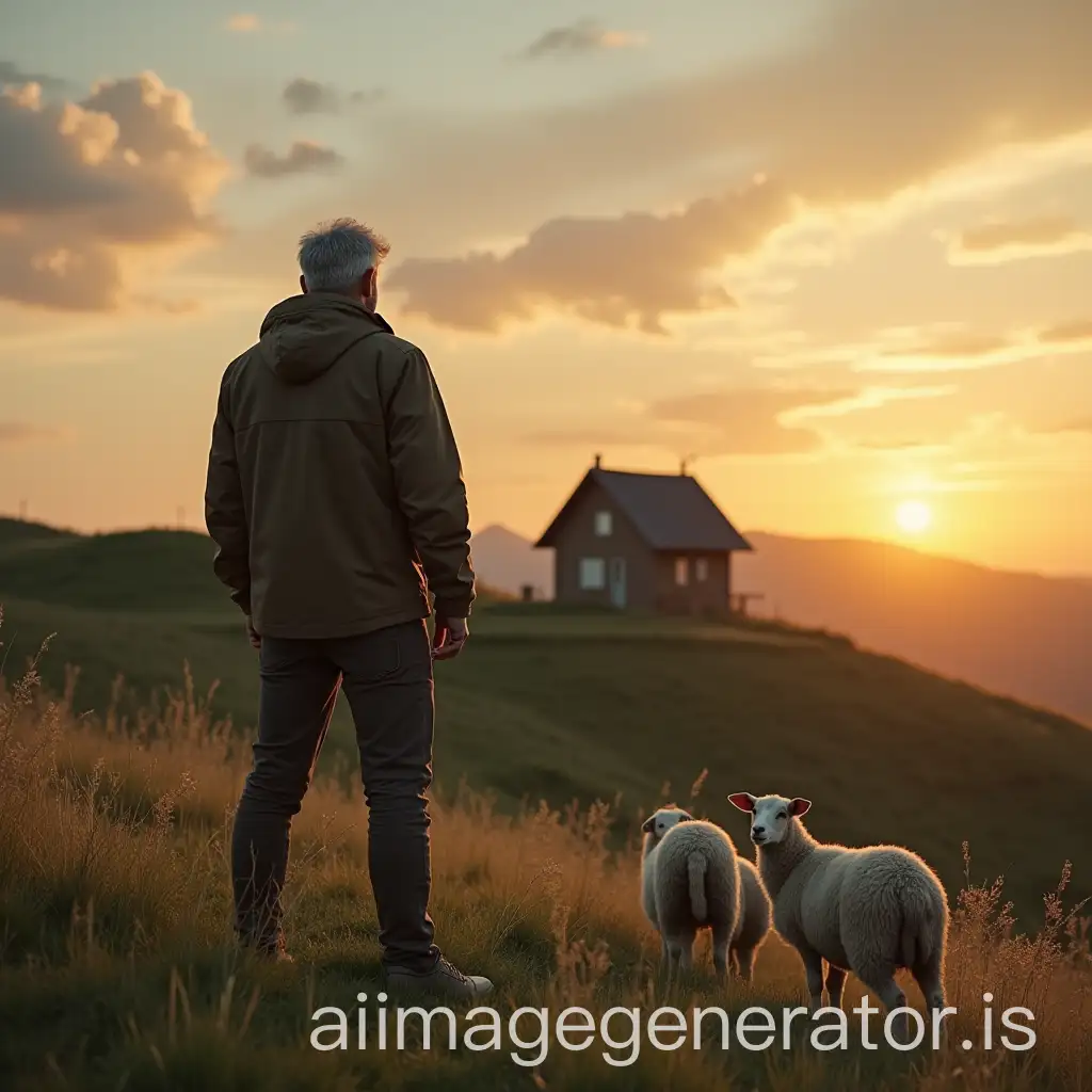 Man-Standing-by-Hilltop-House-at-Sunset-with-Sheep